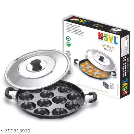Nsvl Non Stick 12 Cavity Appam Patra Handle with Lid, Paniyarakkal | Paniyaram | Appam Pan with Silicon Brush