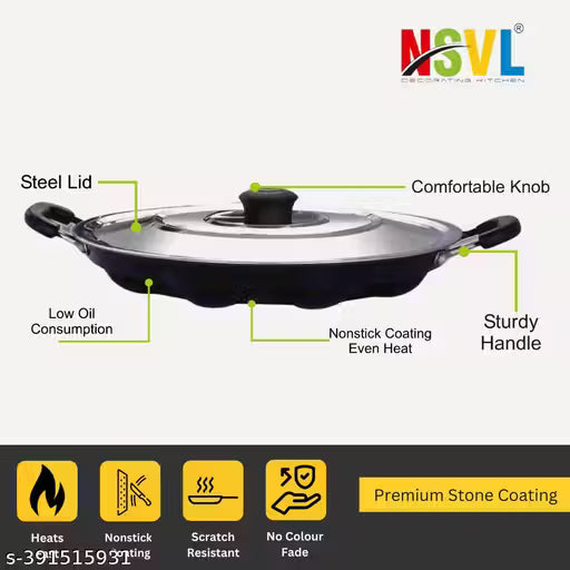 Nsvl Non Stick 12 Cavity Appam Patra Handle with Lid, Paniyarakkal | Paniyaram | Appam Pan with Silicon Brush