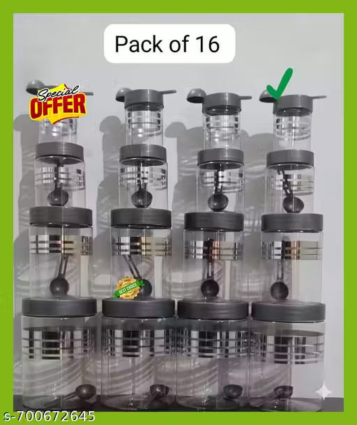 Premium 16 pcs Line Printed Storage Container With 16 Pcs Spoon (FREE) , (4 Piece-1200ml , 4 Piece - 650ml , 4 Piece -350ml , 4 Piece -250ml Each), Color - Silver Clear |BPA FREE | STORAGE CONTAINER , Moltro